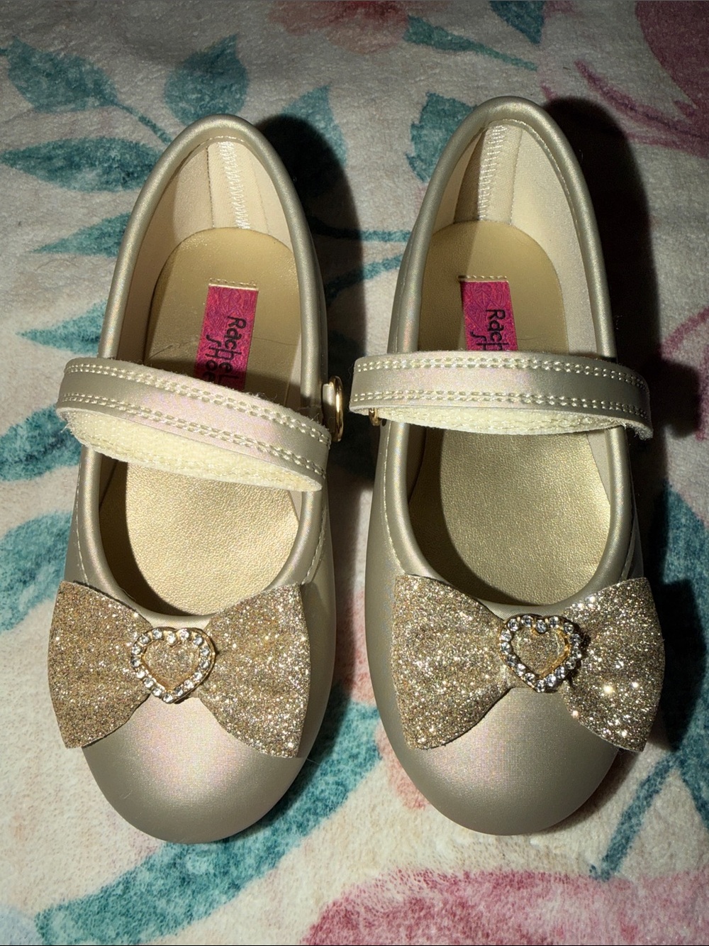 Rachel Shoes Champagne Mary Janes with Gold Glitter Heart Bows